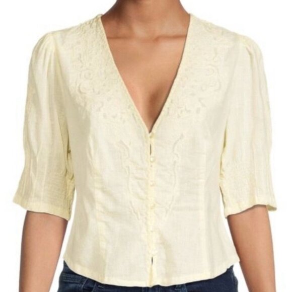 Free People Laurie Embroidered Top Blouse M Cottagecore Peasant Prairie Coquette - Picture 1 of 12